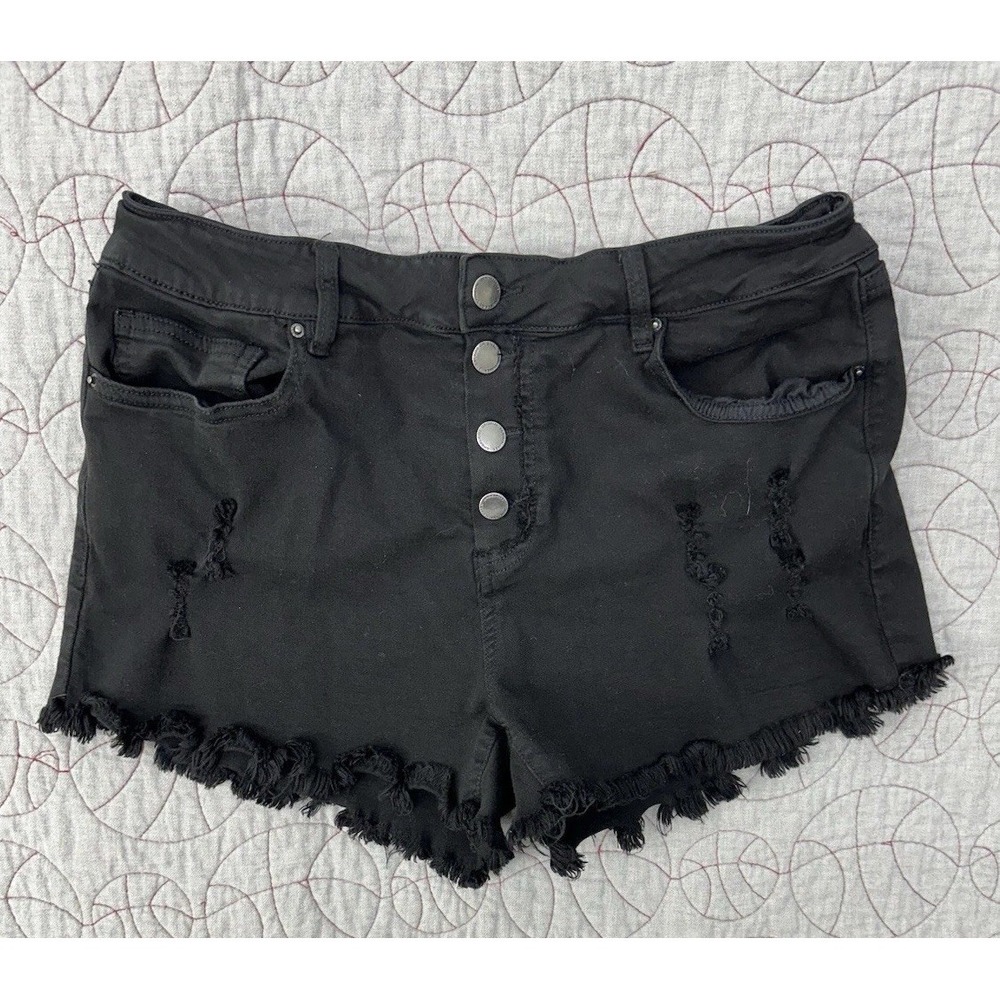 Angel‎ Kiss Black Denim Raw Fringe Hem Distressed Cut Off Jean Shorts Women's 30
